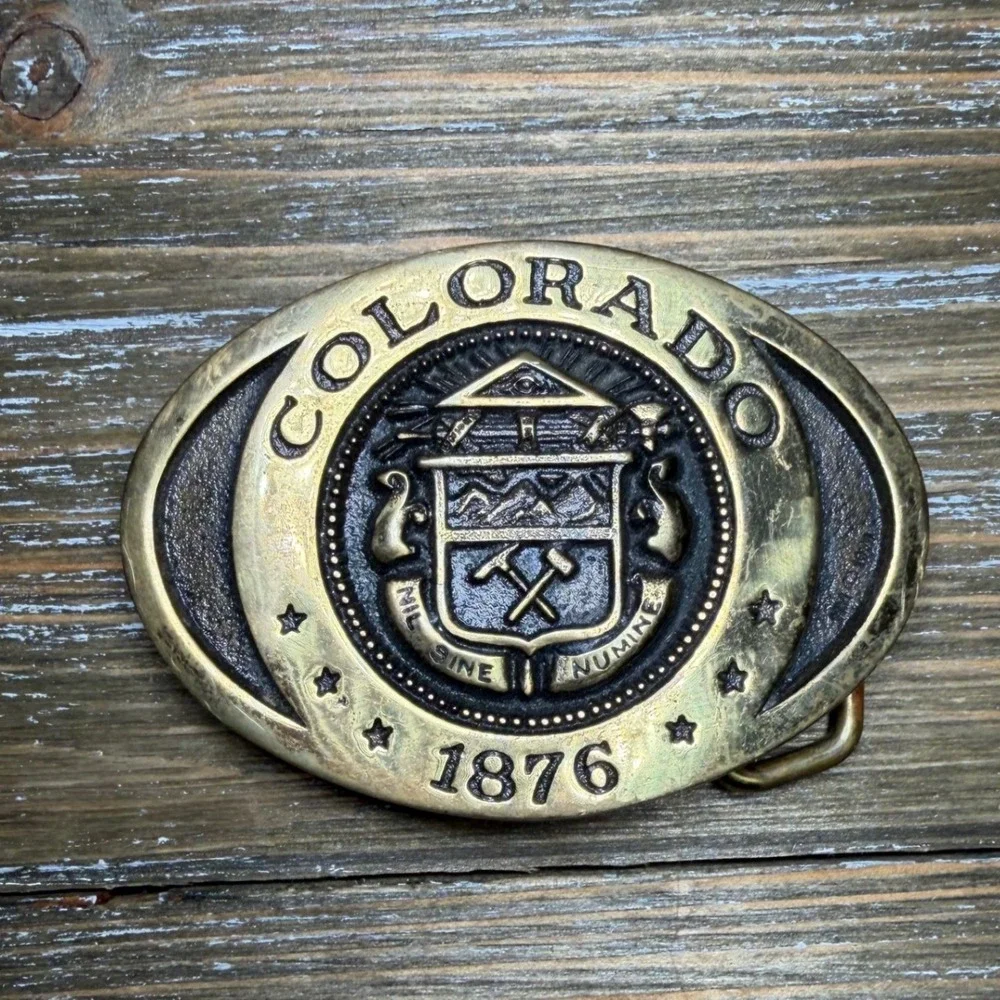 Vintage Heritage Mint Colorado 1876 Solid Brass Belt Buckle State Seal Rodeo